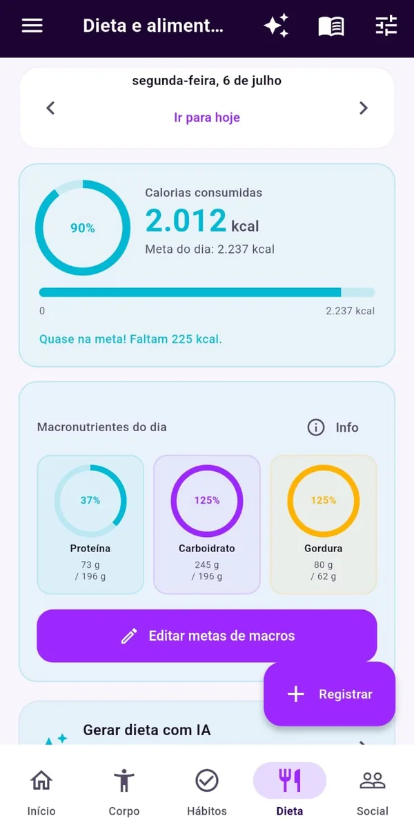 Calorias e macros do dia contra a sua meta