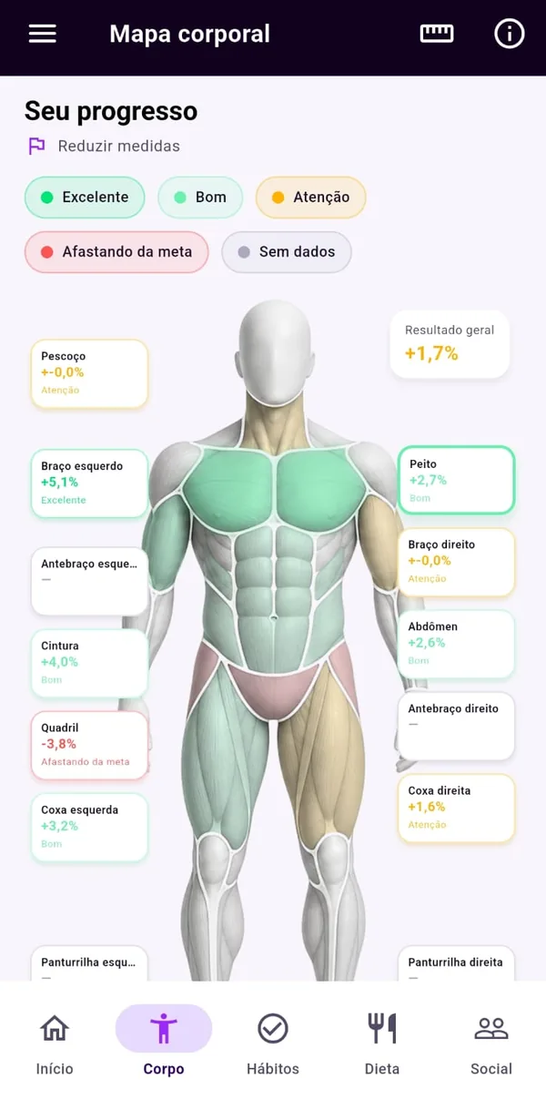 Mapa do corpo com a evolução de cada região