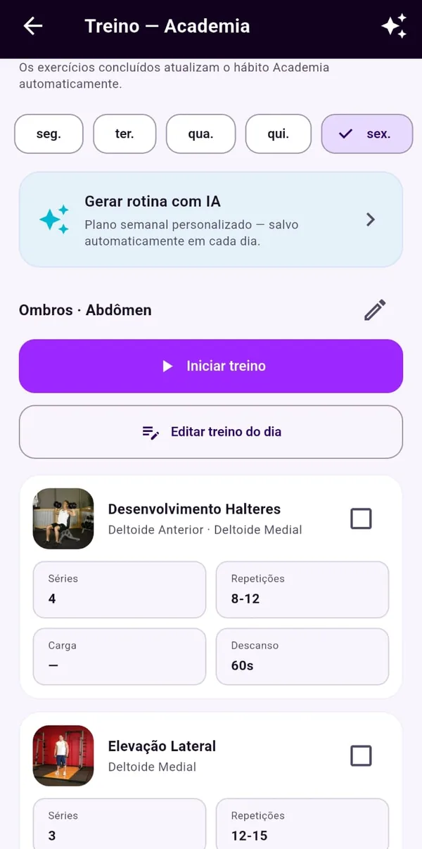 Treino do dia com séries, carga e descanso